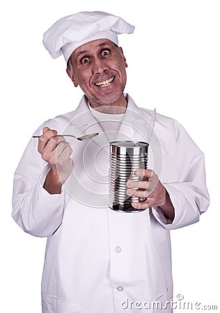 Funny Male Cook Chef Eating From Tin Can Is