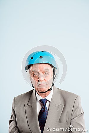 Funny man wearing cycling helmet portrait real people high defin