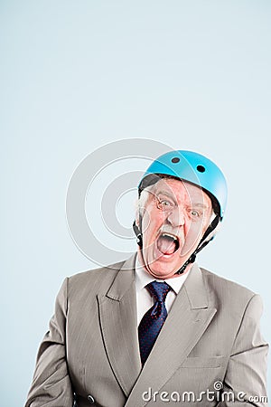 Funny man wearing cycling helmet portrait real people high defin