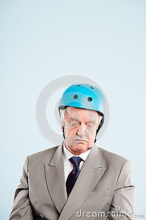 Funny man wearing cycling helmet portrait real people high defin