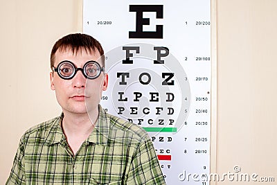 Funny manwearing spectacles in an office at the doctor