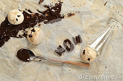 Funny meringue with chocolate on baking paper