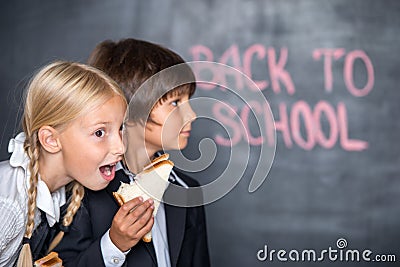 Funny picture of school boy and girl with