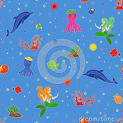 ... and seaweed on the seabed. Hand drawing seamless vector illustration