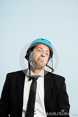 Funny man wearing cycling helmet portrait real people high defin