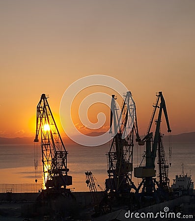 Gantry crane on a background of rising sun