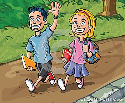 Garçon et fille de dessin animé allant à l école