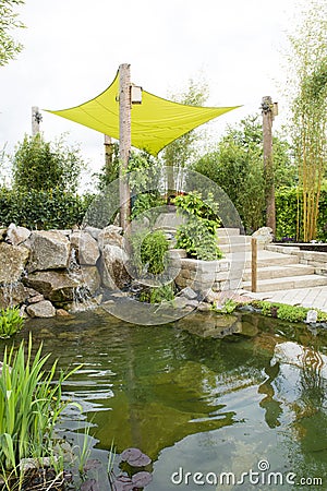 Garden patio with pond