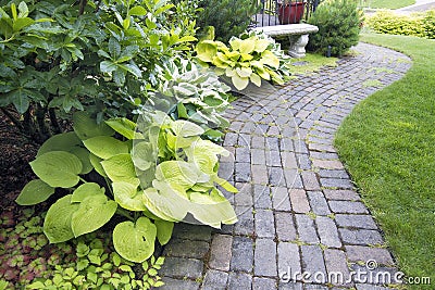 Garden Paver Path with Plants and Grass