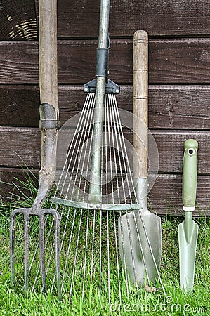 Garden tools on grass