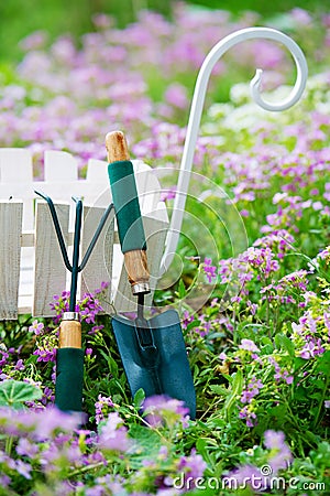 Garden utensils on the flower lawn