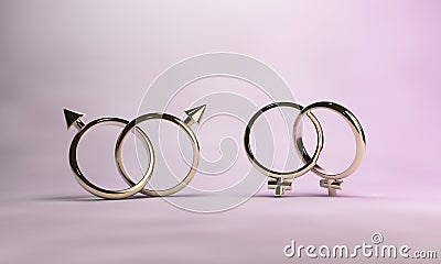 Two sets of interlocking wedding rings, suggesting gay marriage.