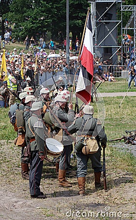 German soldiers-reenactors group. Osovets battle reenactment