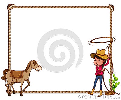 与女牛仔和马框架的白色背景.