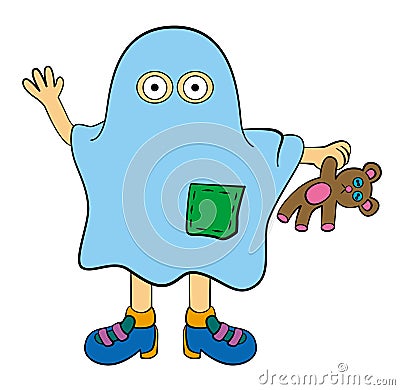 funny looking cartoon kid with a teddy bear pretending to be a ghost ...