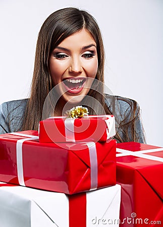 Gift box business woman hold against white isolated background