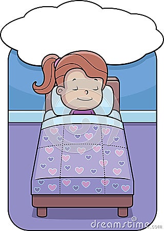 cartoon girl in bed sleeping and dreaming.