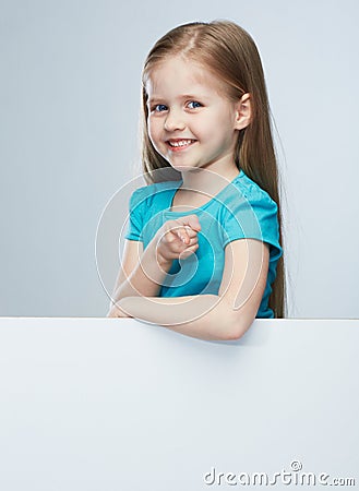 Girl child with white board. Isolated portrait.