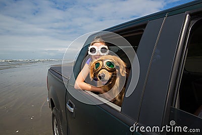 Girl and a dog in a truck on the beach