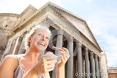 Girl eating ice cream by Pantheon, Rome, Italy