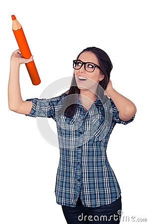 Girl with Glasses Holding Giant Orange Pencil