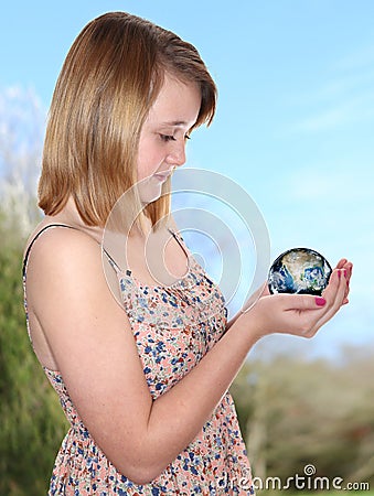 Girl hold planet Earth globe