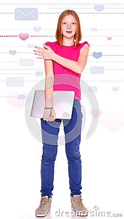 Girl with laptop on the background with hearts and letters