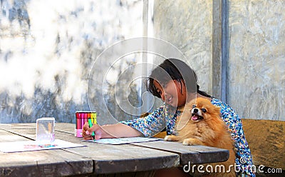 Girl and pomeranian dogs in home garden