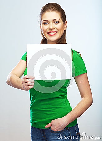 Girl student hold white blank board. White background young wom