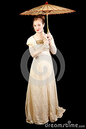 Girl in Victorian dress holding a Chinese umbrella