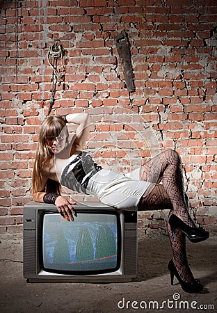 Girl on vintage TV receiver
