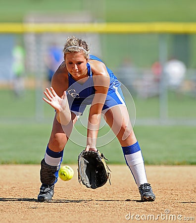 Girls softball - fielding a grounder