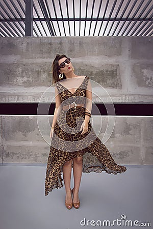 Glamorous woman in animal print outfit maxi dress