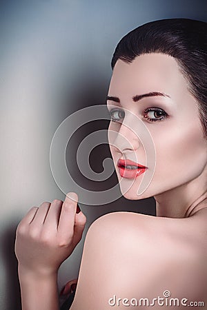 Glamour portrait sexy brunette beautiful girl clean skin face