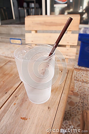 Glass of cool water on wood table