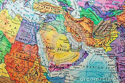 Globe Map of Middle East Countries, close-up