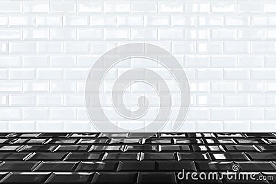 Glossy White Ceramic brick tile wall and black tile floor