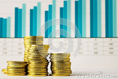 Gold coins with financial chart