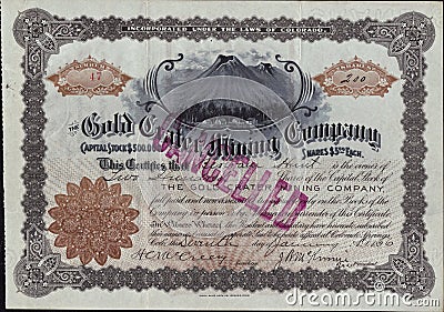 1896 The Gold Crater Mining Company Stock Certificate - Cripple Creek, Colorado