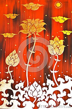 Gold flower painting in red background