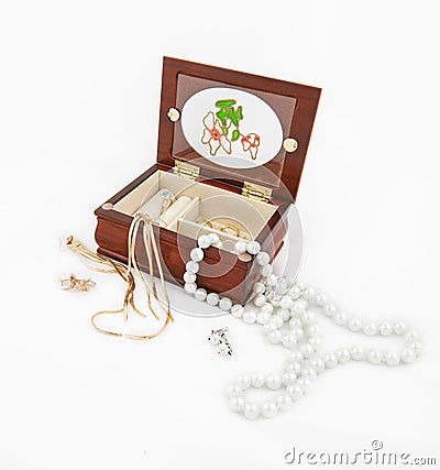 Gold and pearl jewelry, jewelery box on white background