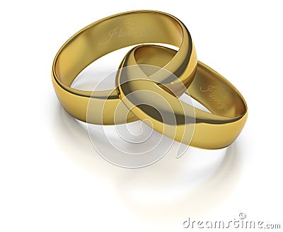 Gold wedding rings or bands intertwined on white background engraved ...