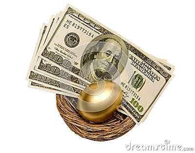 Golden Egg and Money In Nest Isolated On White