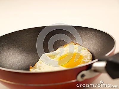 Golden Yolk Fried Egg in Red Non-Stick Frying Pan