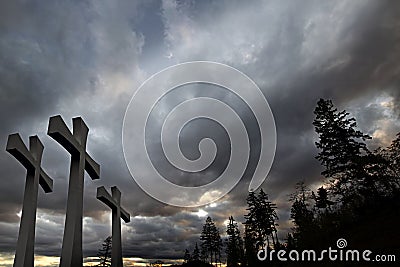 Good Friday Easter Crosses Clouds Trees Background