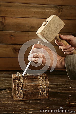 Gouge wood chisel carpenter tool hand hammer craftman.