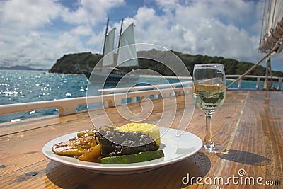 A gourmet West Indian meal prepared onboard a traditional schooner
