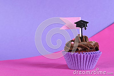 Graduation day pink and purple party cupcake with copy space.