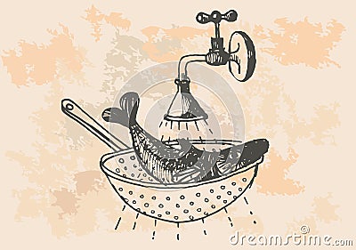 Graphic project, retro fish in kitchen