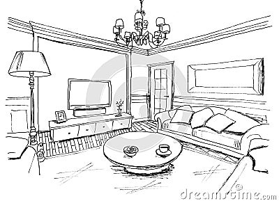 Graphical sketch of an interior living room